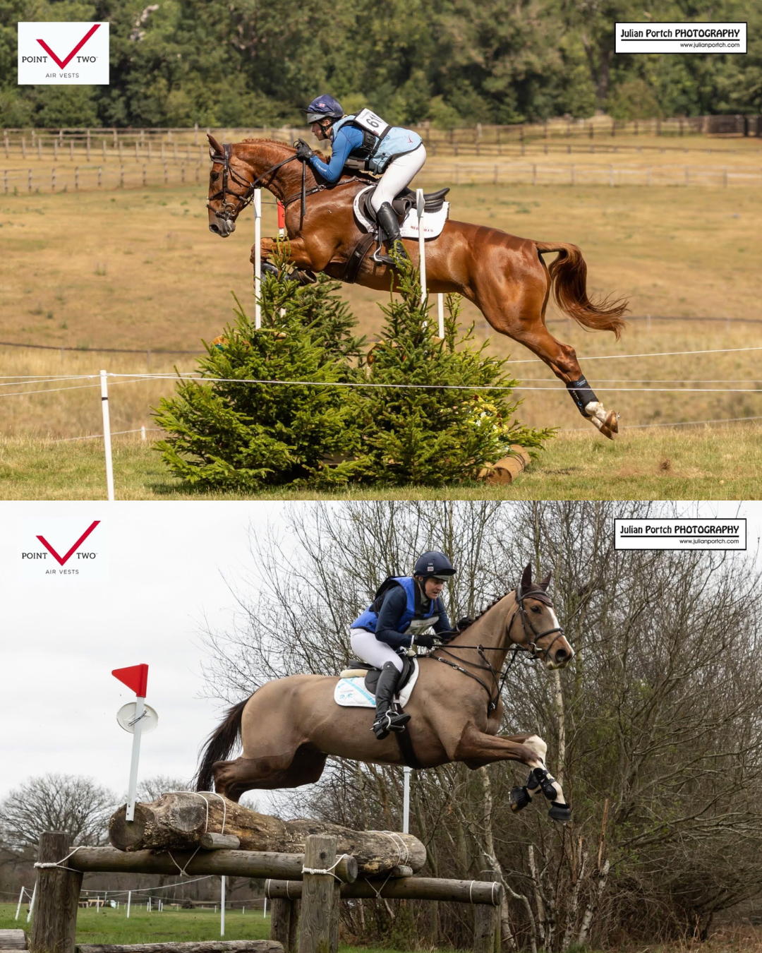 Tina Cook and Izzy Cook riding cross country, wearing Point Two air vests.